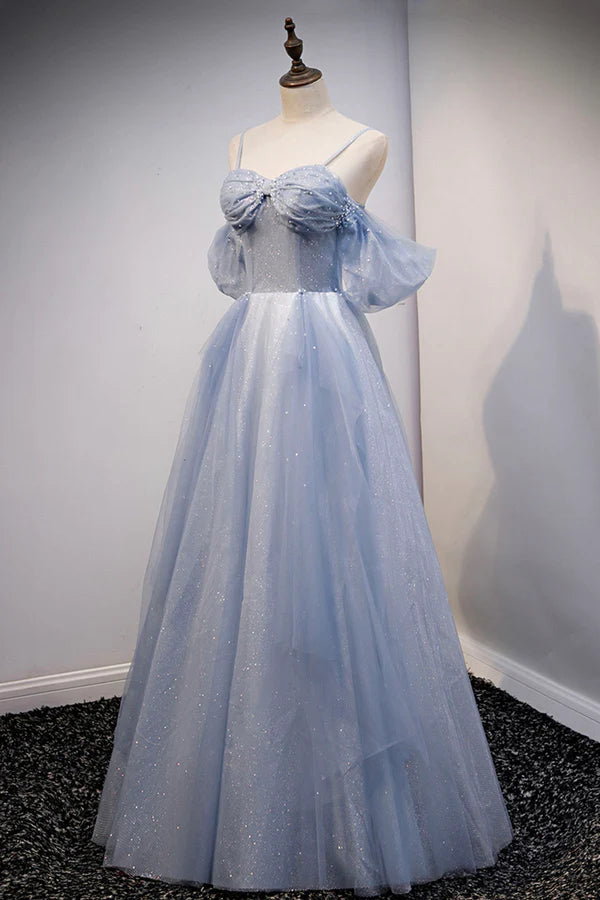 Wholesale Spaghetti Straps Blue Tulle Long Prom Dress Off the Shoulder Evening Dress